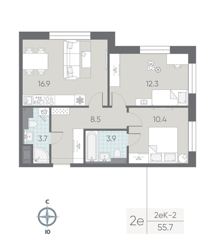 2-комнатная квартира №5 в: Большая Охта: 55.7 м²; этаж: 11 - купить в Санкт-Петербурге