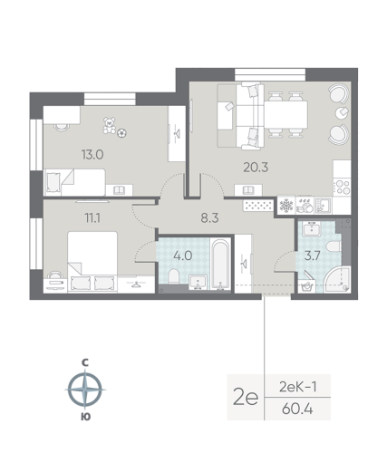 2-комнатная квартира №5 в: Большая Охта: 60.4 м²; этаж: 2 - купить в Санкт-Петербурге