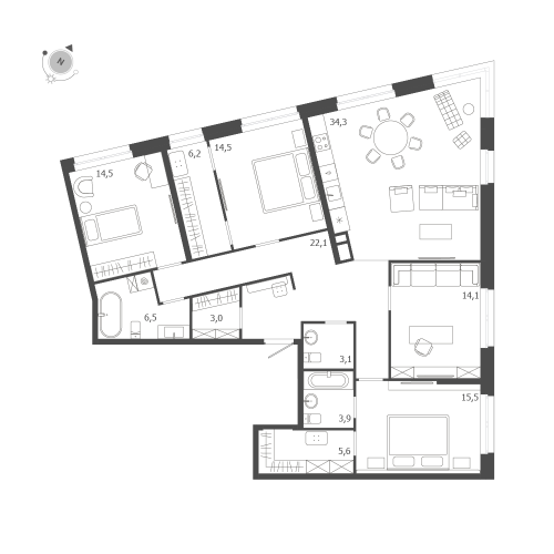 4-комнатная квартира №47 в: ЛДМ: 143.3 м²; этаж: 6 - купить в Санкт-Петербурге