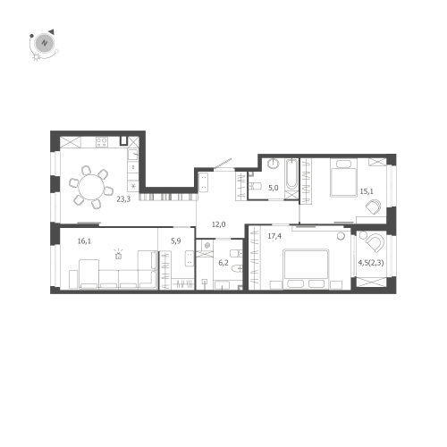 3-комнатная квартира, 103.3 м²; этаж: 2 - купить в Санкт-Петербурге