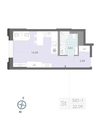 1-комнатная квартира №42 в: ЦИВИЛИЗАЦИЯ НА НЕВЕ: 22.9 м²; этаж: 3 - купить в Санкт-Петербурге