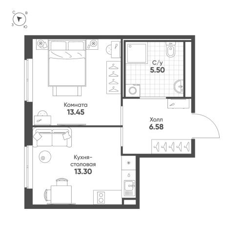 1-комнатная квартира, 38.83 м²; этаж: 2 - купить в Санкт-Петербурге