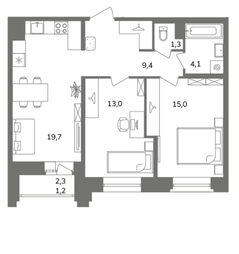 2-комнатная квартира, 63.7 м²; этаж: 3 - купить в Санкт-Петербурге