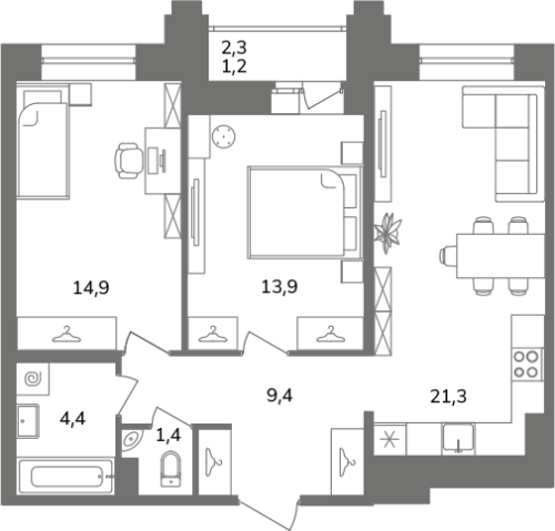 2-комнатная квартира, 66.5 м²; этаж: 6 - купить в Санкт-Петербурге