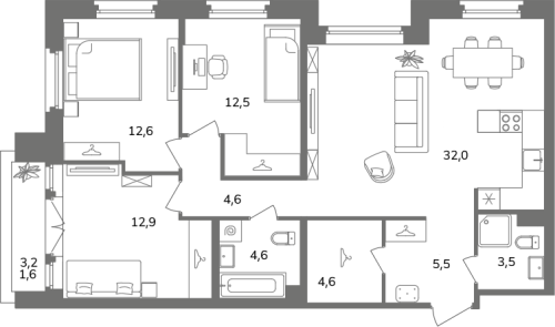 3-комнатная квартира, 94.4 м²; этаж: 2 - купить в Санкт-Петербурге