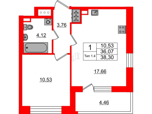 1-комнатная квартира, 36.07 м²; этаж: 5 - купить в Санкт-Петербурге