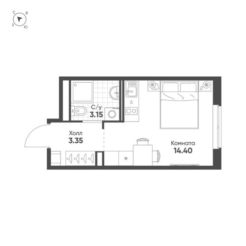 1-комнатная квартира, 20.9 м²; этаж: 13 - купить в Санкт-Петербурге