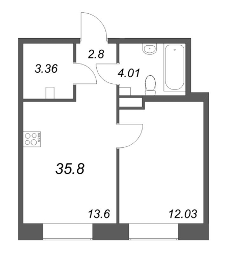 1-комнатная квартира №38 в: ID Petrogradskaya: 35.8 м²; этаж: 2 - купить в Санкт-Петербурге
