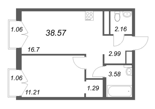 1-комнатная квартира №38 в: ID Petrogradskaya: 38.57 м²; этаж: 3 - купить в Санкт-Петербурге