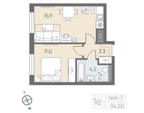 1-комнатная квартира №5 в: Большая Охта: 34.5 м²; этаж: 5 - купить в Санкт-Петербурге