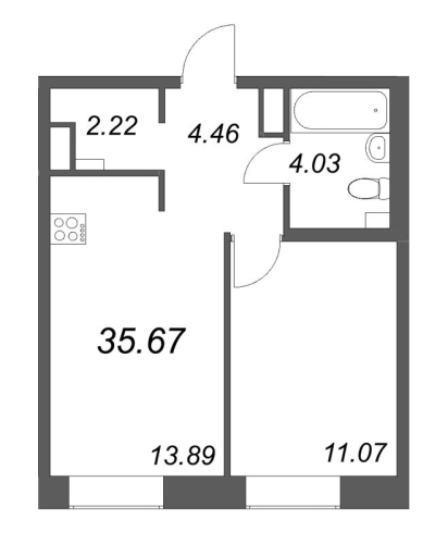 1-комнатная квартира №38 в: ID Petrogradskaya: 35.67 м²; этаж: 4 - купить в Санкт-Петербурге