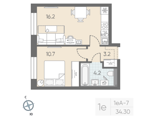 1-комнатная квартира №5 в: Большая Охта: 34.3 м²; этаж: 3 - купить в Санкт-Петербурге