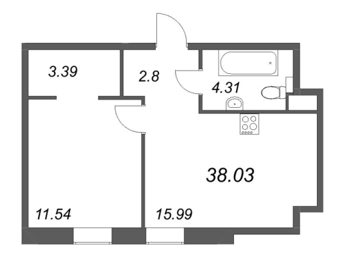 1-комнатная квартира №38 в: ID Petrogradskaya: 38.03 м²; этаж: 3 - купить в Санкт-Петербурге