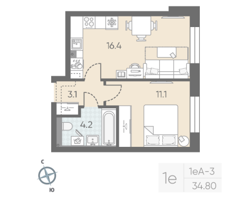 1-комнатная квартира №5 в: Большая Охта: 34.8 м²; этаж: 3 - купить в Санкт-Петербурге