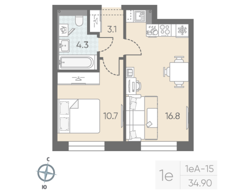 1-комнатная квартира №5 в: Большая Охта: 34.9 м²; этаж: 3 - купить в Санкт-Петербурге