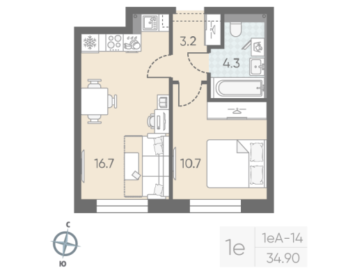 1-комнатная квартира №5 в: Большая Охта: 34.9 м²; этаж: 3 - купить в Санкт-Петербурге