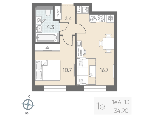 1-комнатная квартира №5 в: Большая Охта: 34.9 м²; этаж: 3 - купить в Санкт-Петербурге