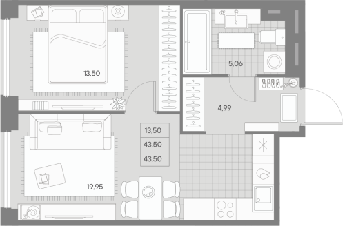 1-комнатная квартира, 44.66 м²; этаж: 9 - купить в Санкт-Петербурге