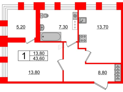 1-комнатная квартира, 43.6 м²; этаж: 7 - купить в Санкт-Петербурге