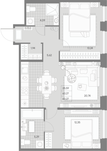 2-комнатная квартира, 63.27 м²; этаж: 9 - купить в Санкт-Петербурге