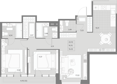 2-комнатная квартира, 75.49 м²; этаж: 9 - купить в Санкт-Петербурге