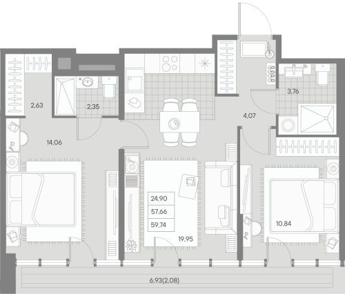 2-комнатная квартира, 58.97 м²; этаж: 9 - купить в Санкт-Петербурге