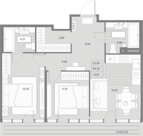 2-комнатная квартира, 60.73 м²; этаж: 9 - купить в Санкт-Петербурге