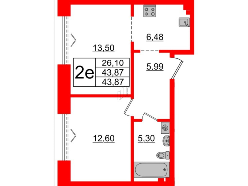 1-комнатная квартира, 43.87 м²; этаж: 3 - купить в Санкт-Петербурге