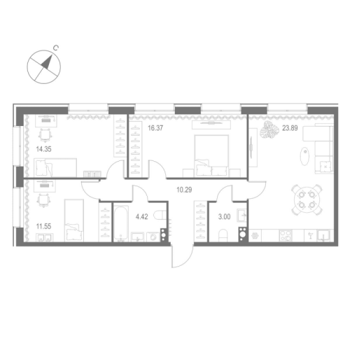 3-комнатная квартира №1 в: Остров Первых: 83.87 м²; этаж: 3 - купить в Санкт-Петербурге