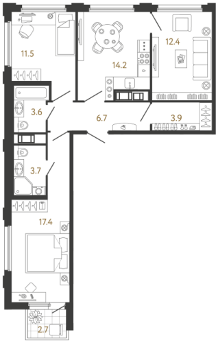 3-комнатная квартира, 73.4 м²; этаж: 9 - купить в Санкт-Петербурге