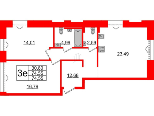 2-комнатная квартира № в: IMPERIAL CLUB: 74.55 м²; этаж: 3 - купить в Санкт-Петербурге