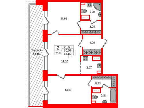 2-комнатная квартира № в: Setl Ривьера: 60.57 м²; этаж: 17 - купить в Санкт-Петербурге