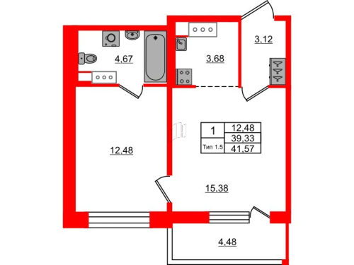 1-комнатная квартира № в: Setl Ривьера: 39.33 м²; этаж: 14 - купить в Санкт-Петербурге