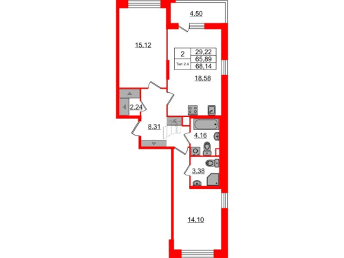 2-комнатная квартира № в: Setl Ривьера: 65.89 м²; этаж: 1 - купить в Санкт-Петербурге