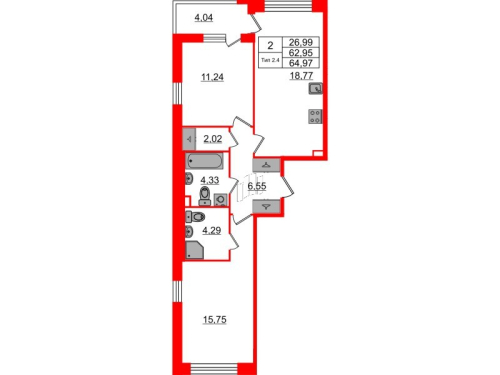 2-комнатная квартира № в: Setl Ривьера: 62.95 м²; этаж: 1 - купить в Санкт-Петербурге
