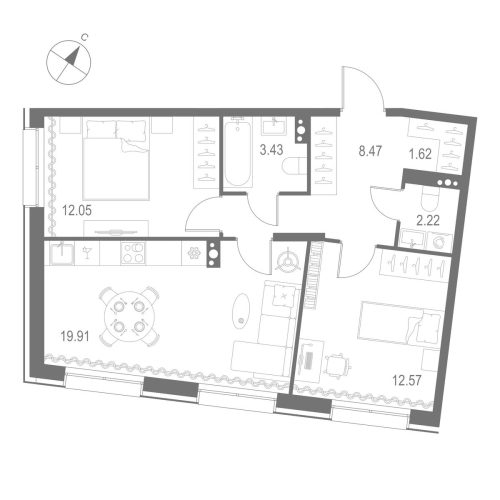 2-комнатная квартира №1 в: Остров Первых: 60.27 м²; этаж: 4 - купить в Санкт-Петербурге