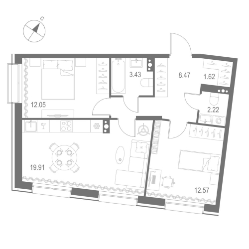2-комнатная квартира №1 в: Остров Первых: 60.27 м²; этаж: 8 - купить в Санкт-Петербурге