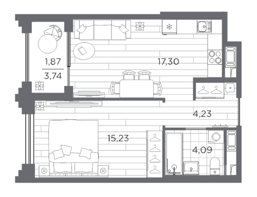 1-комнатная квартира, 42.72 м²; этаж: 3 - купить в Санкт-Петербурге