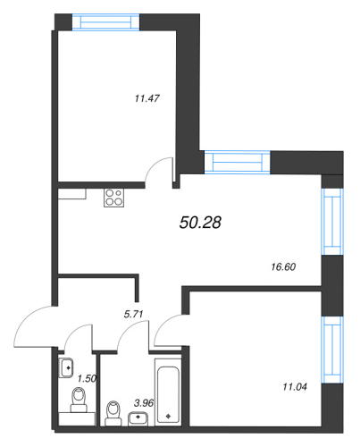 2-комнатная квартира №1 в: Alpen: 50.28 м²; этаж: 10 - купить в Санкт-Петербурге