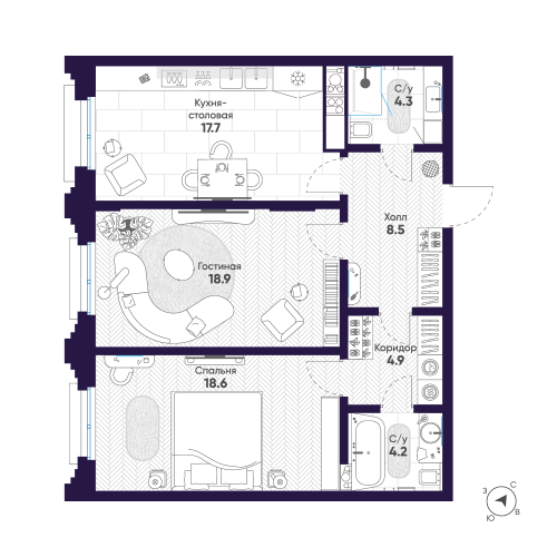 2-комнатная квартира № в: Мариинка Deluxe: 77.1 м²; этаж: 7 - купить в Санкт-Петербурге