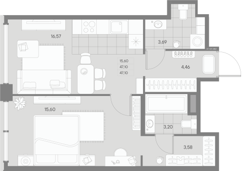 1-комнатная квартира, 46.42 м²; этаж: 1 - купить в Санкт-Петербурге