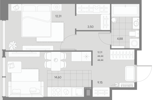 1-комнатная квартира, 44.21 м²; этаж: 1 - купить в Санкт-Петербурге