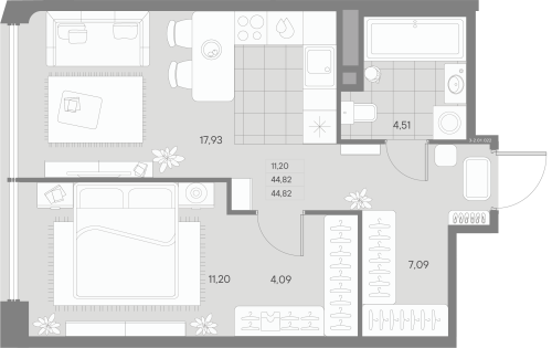1-комнатная квартира, 44.81 м²; этаж: 1 - купить в Санкт-Петербурге
