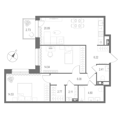 2-комнатная квартира, 74.75 м²; этаж: 6 - купить в Санкт-Петербурге