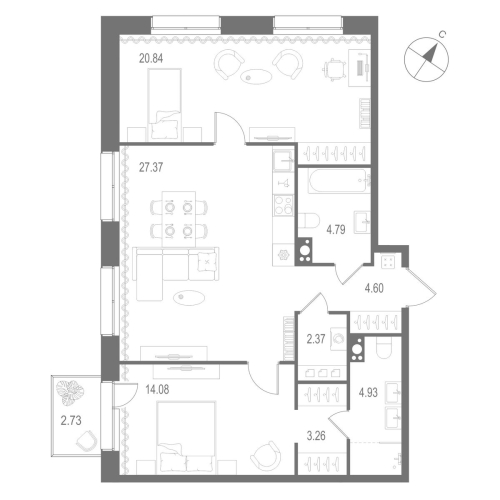 2-комнатная квартира №1 в: «Остров Первых»: 82.24 м²; этаж: 3 - купить в Санкт-Петербурге