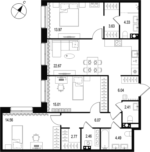 3-комнатная квартира, 98.41 м²; этаж: 5 - купить в Санкт-Петербурге