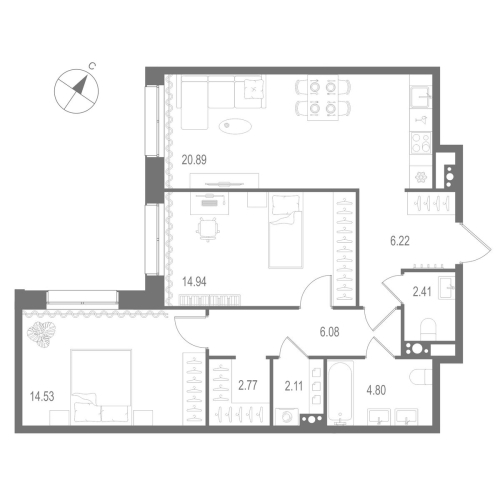 2-комнатная квартира №1 в: «Остров Первых»: 74.75 м²; этаж: 7 - купить в Санкт-Петербурге
