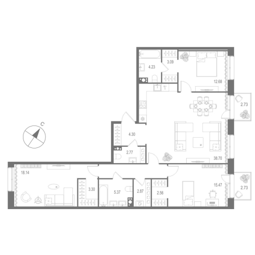 3-комнатная квартира №1 в: «Остров Первых»: 119.32 м²; этаж: 7 - купить в Санкт-Петербурге