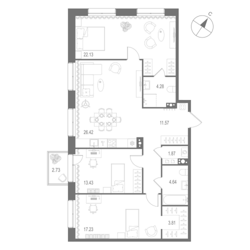 3-комнатная квартира №1 в: «Остров Первых»: 105.38 м²; этаж: 3 - купить в Санкт-Петербурге
