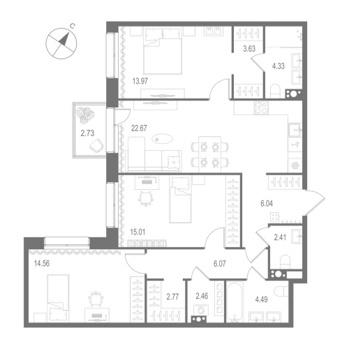 3-комнатная квартира №1 в: «Остров Первых»: 98.41 м²; этаж: 6 - купить в Санкт-Петербурге